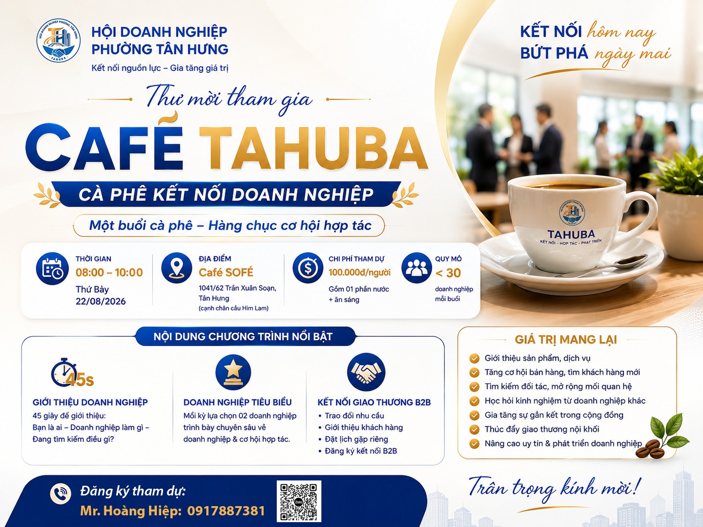 Thư mời Caf&eacute; TAHUBA diễn ra 8h00 ng&agrave;y 22/08/2026