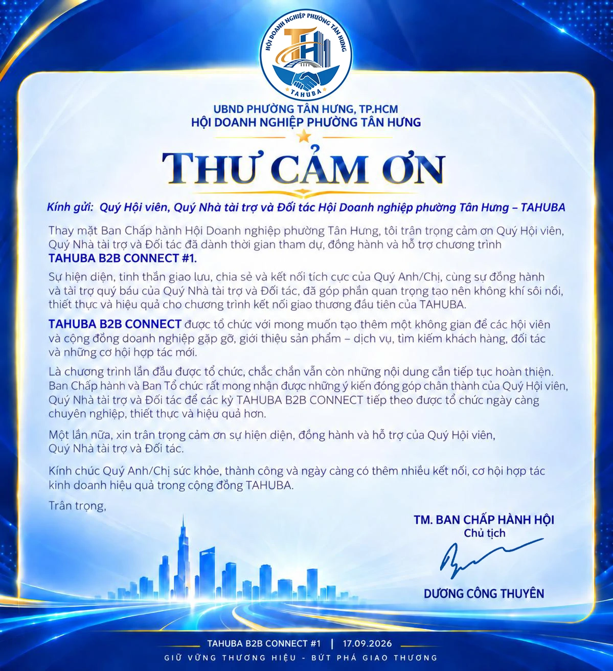 Thư cảm ơn của Ban Chấp h&agrave;nh Hội Doanh nghiệp phường T&acirc;n Hưng