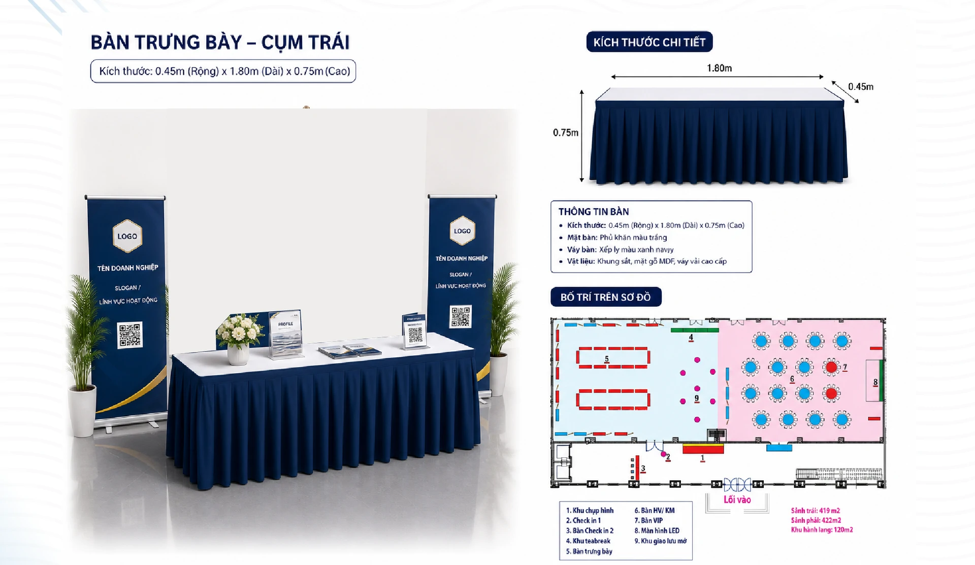 Mẫu b&agrave;n trưng b&agrave;y v&agrave; gợi &yacute; standee tại sự kiện